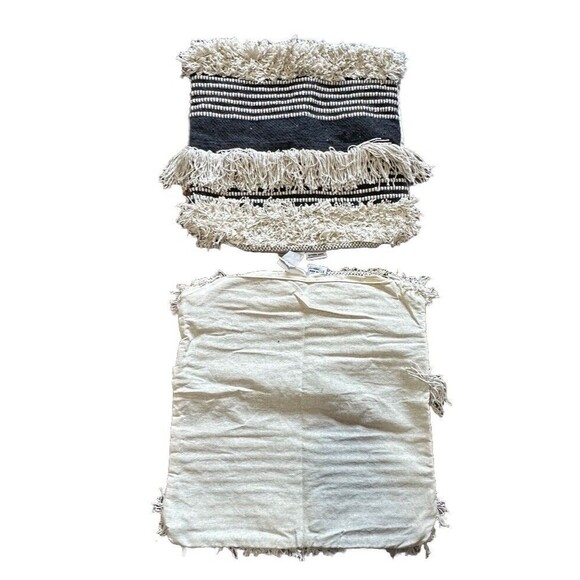 Pair 20"x20" Boho Pillow Covers Black Ivory Fringe Zipper Farmhouse Texture New - Picture 3 of 8
